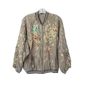 JOHNNY WAS Embrooidered Crop Bomber Jacket - Grey - S